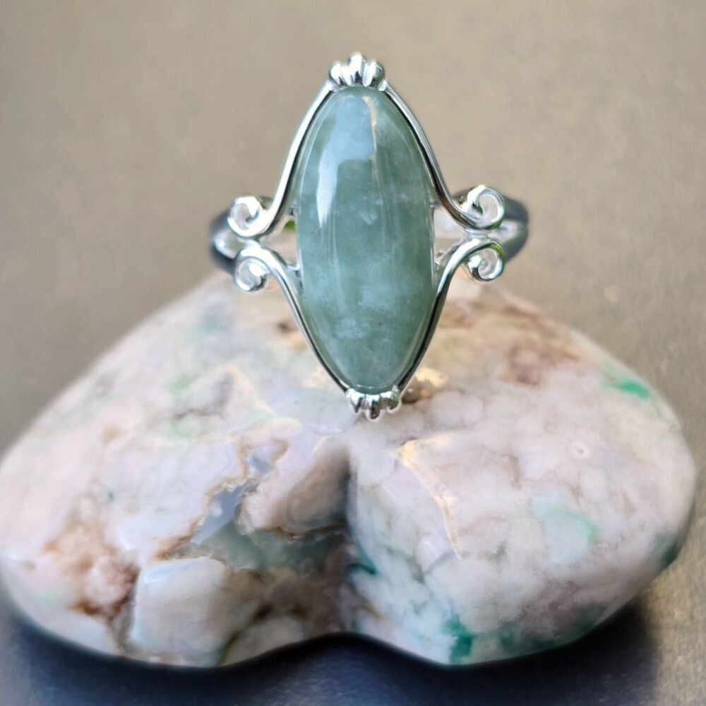 Dynasty Jade ✦ Sterling Silver Jade Ring ✦ Marquise Swirl Design Sz 6 Certified